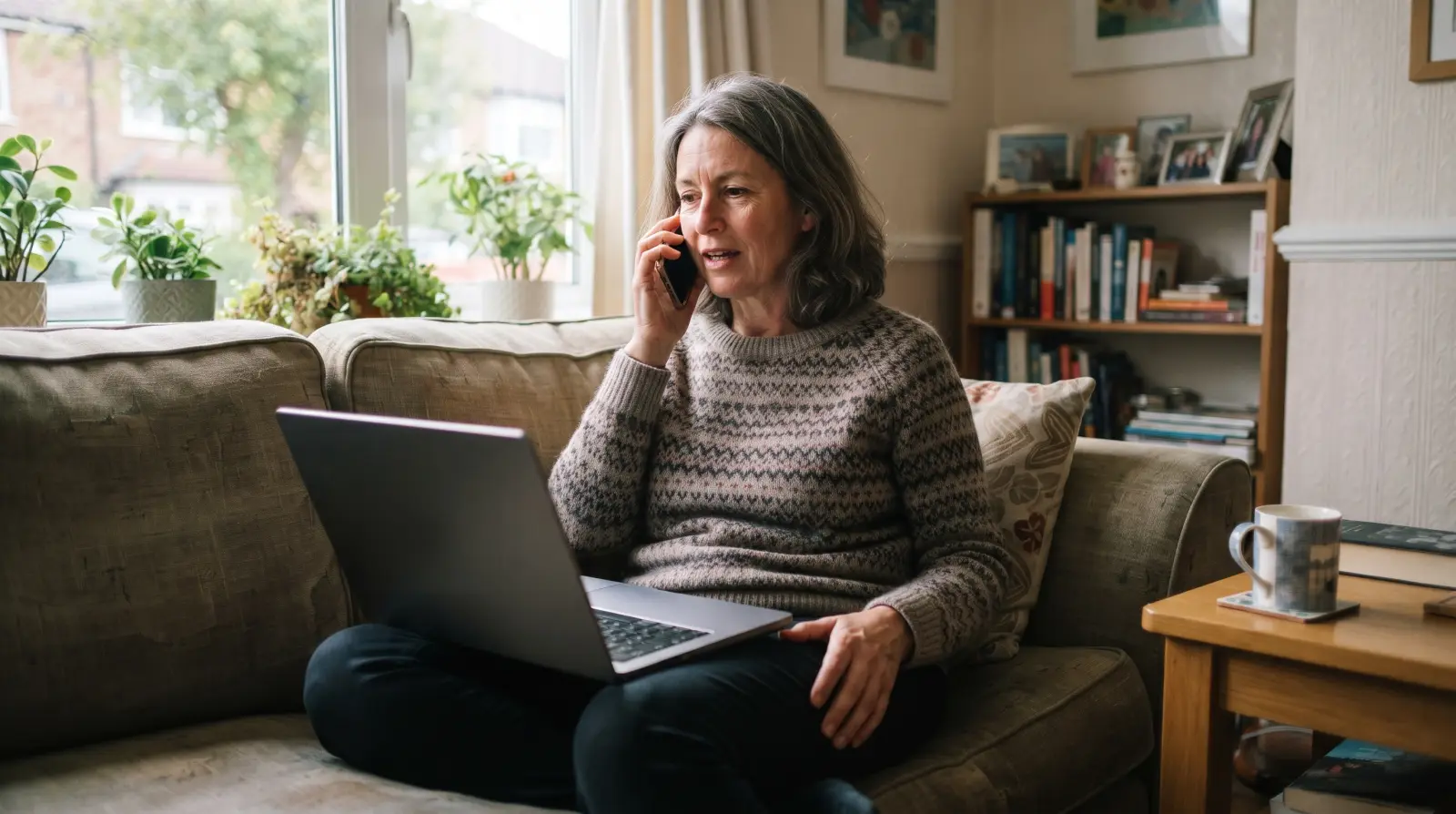 A woman in her early fifties on a sofa with a laptop on her knees, on the phone