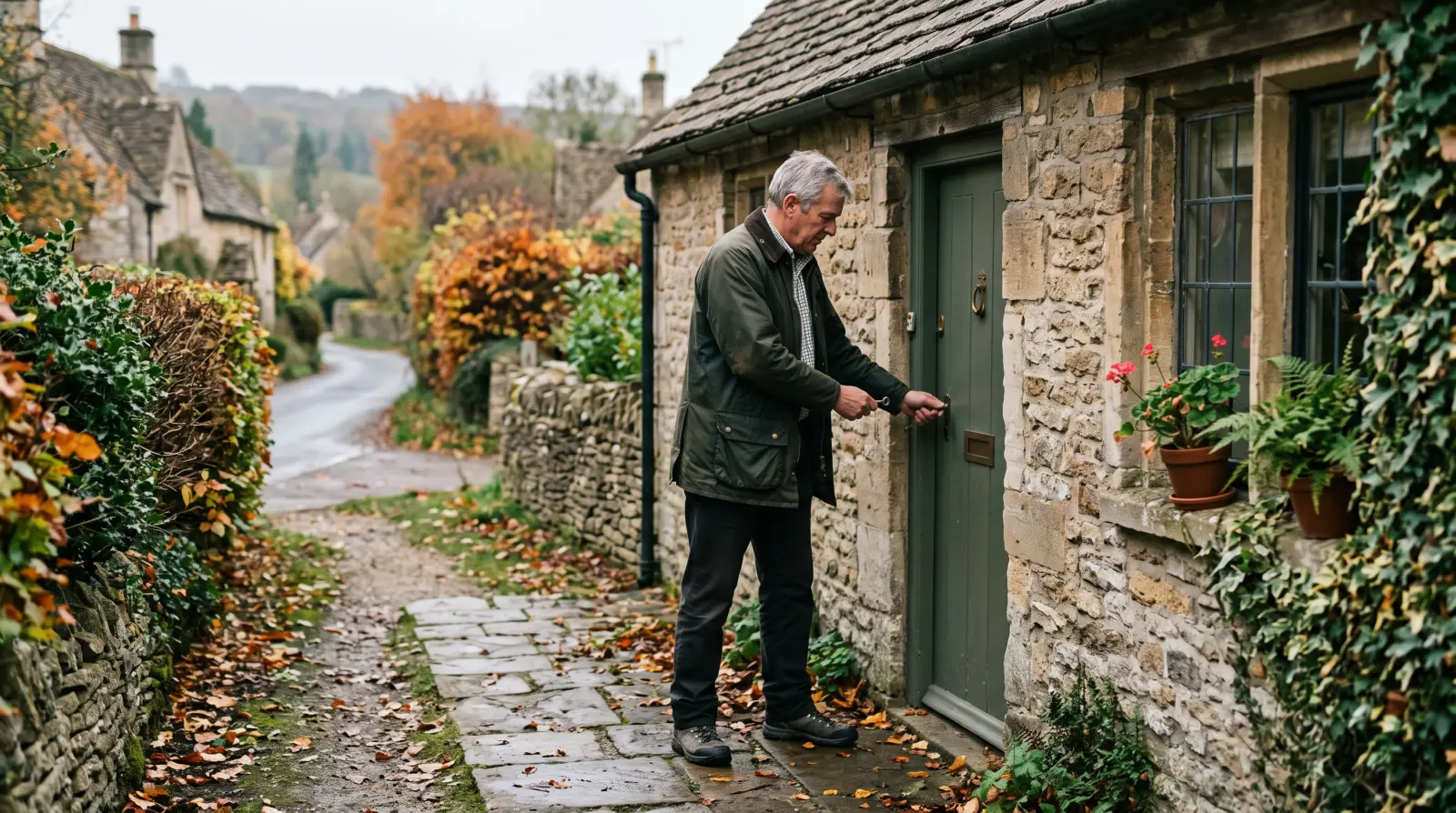 A man in his early sixties locking the front door of a small stone cottage in an English village