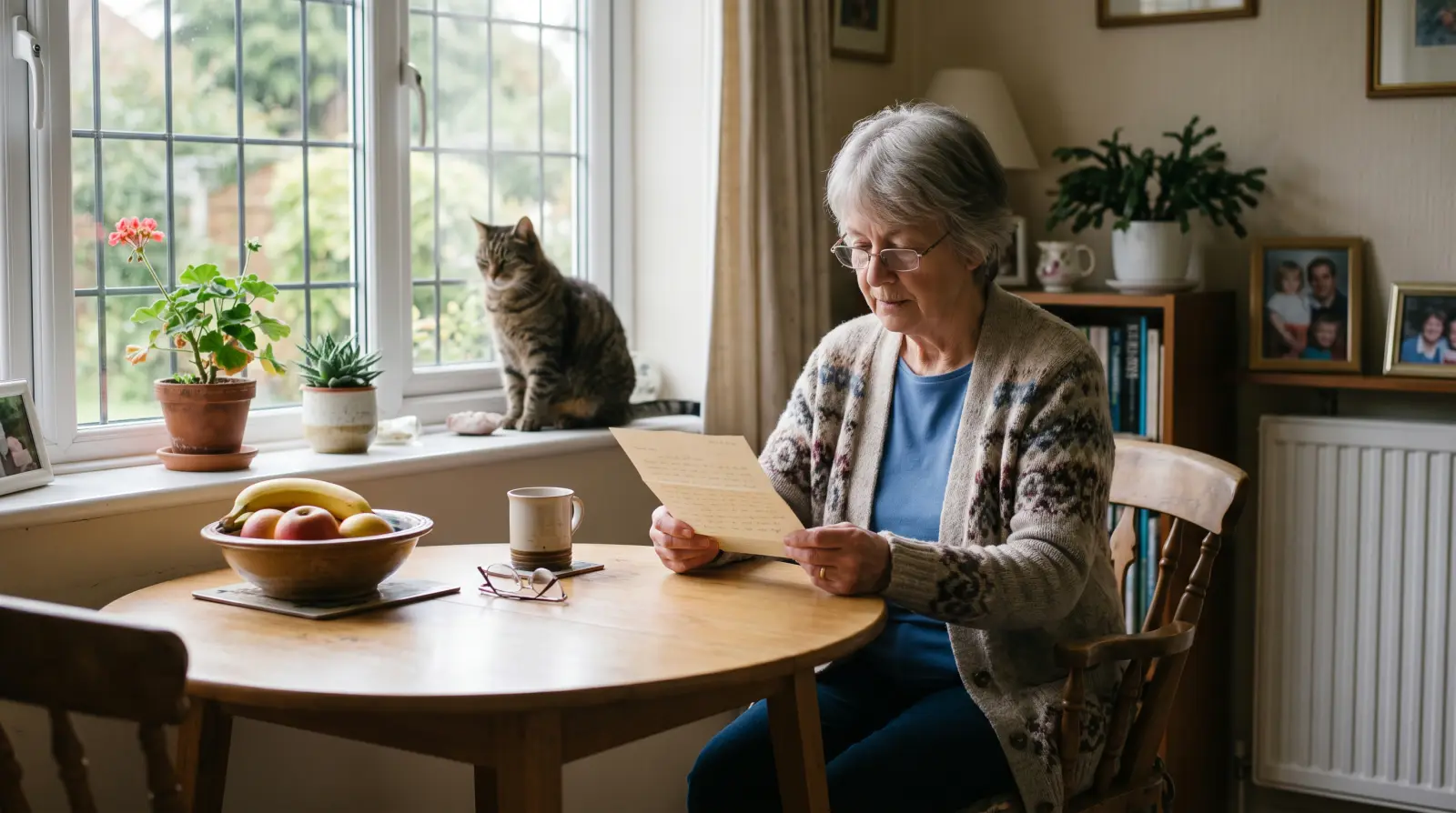 A woman in her late sixties reading a letter at a small dining table in a bungalow, a cat on the windowsill