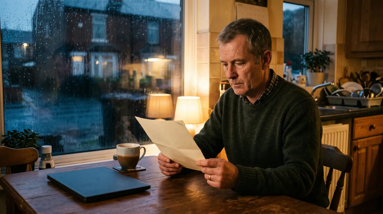 A man in his late forties at a kitchen table in the evening, looking at a folded sheet of paper, a mug of tea beside him and rain on the window