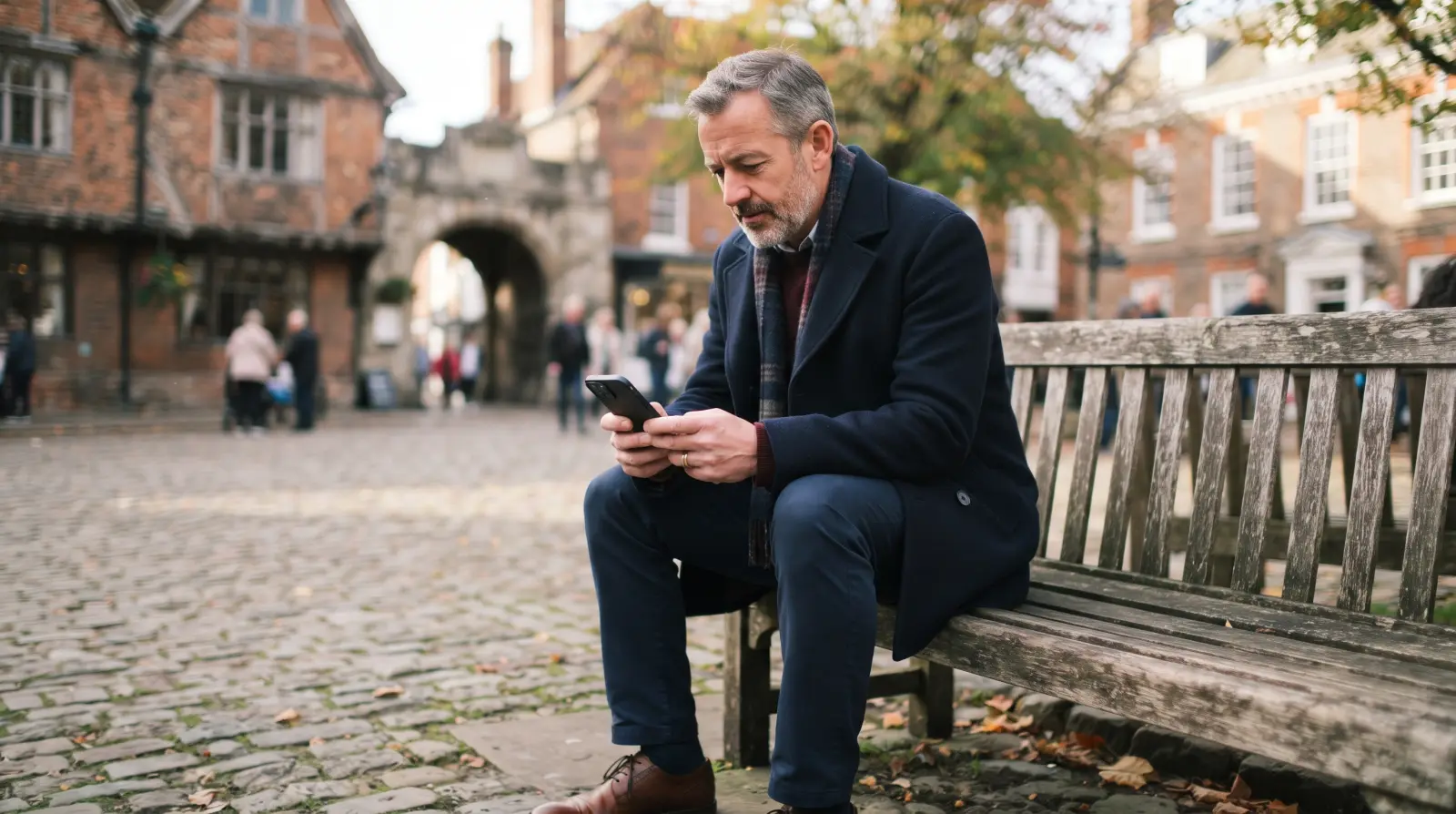 A man in his mid fifties on a bench in a market-town square looking at his phone