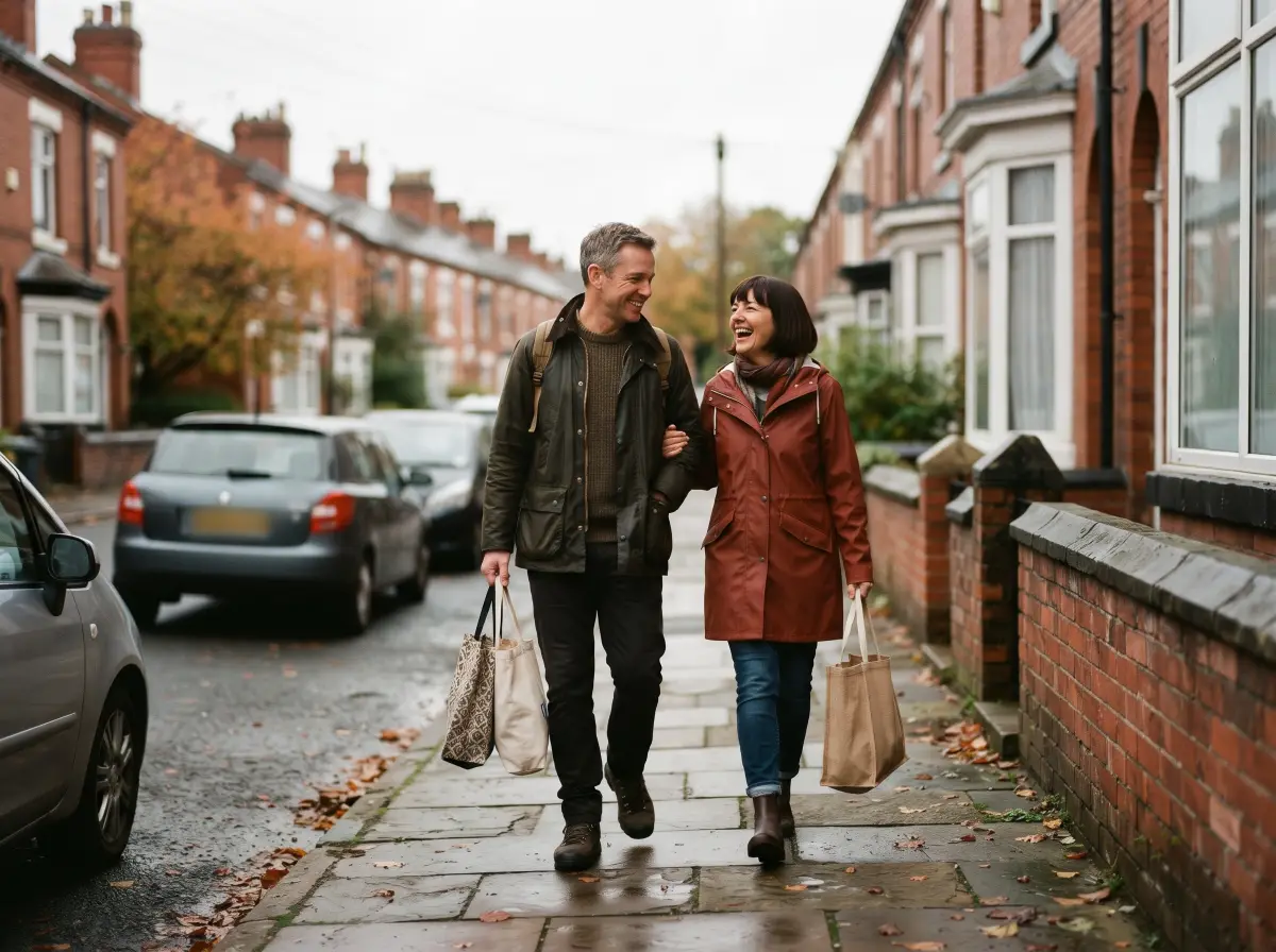 A couple in their mid forties walking along a terraced street with shopping bags on an autumn afternoon