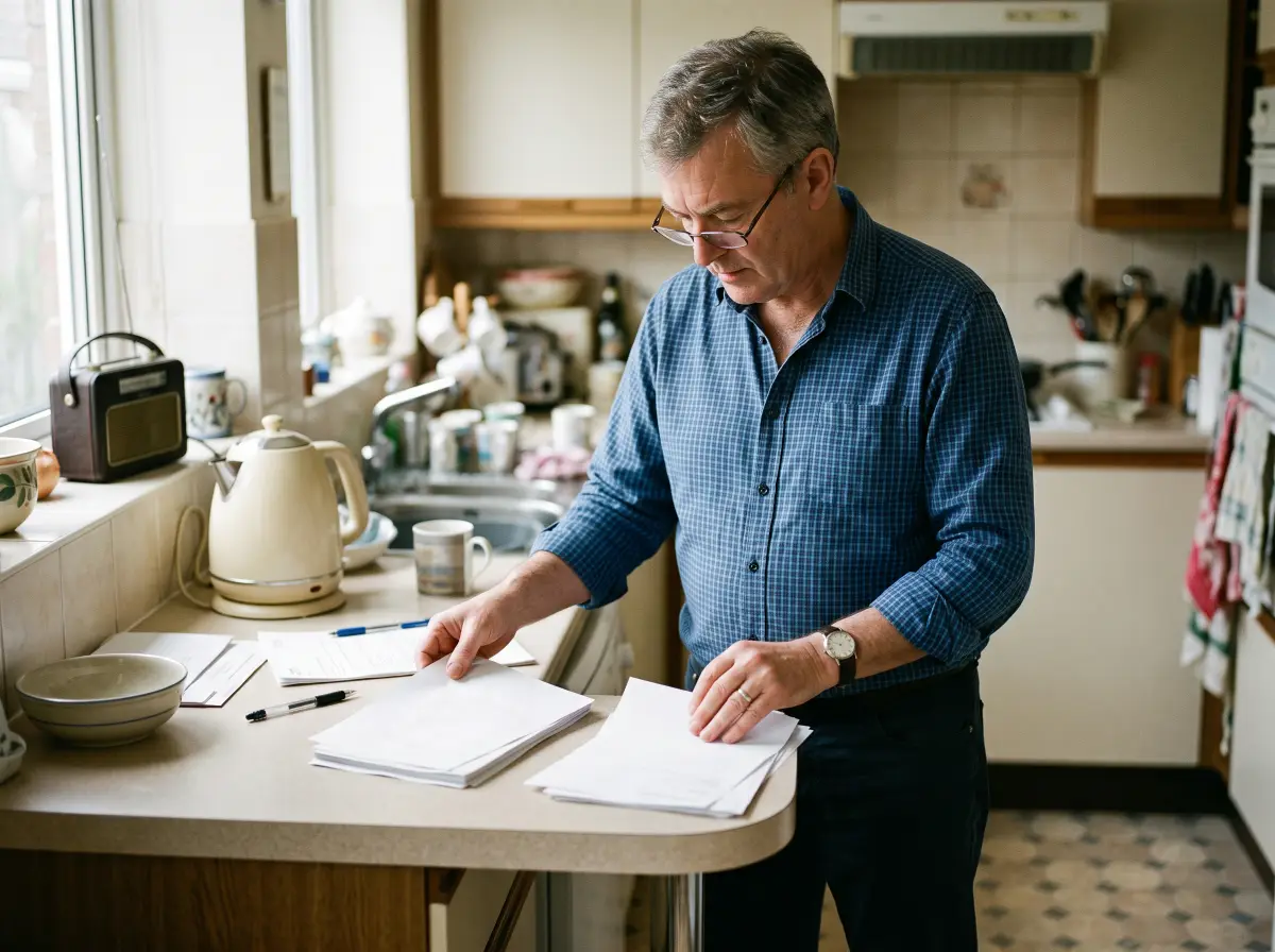 A man in his late fifties sorting household paperwork into two piles at a kitchen counter