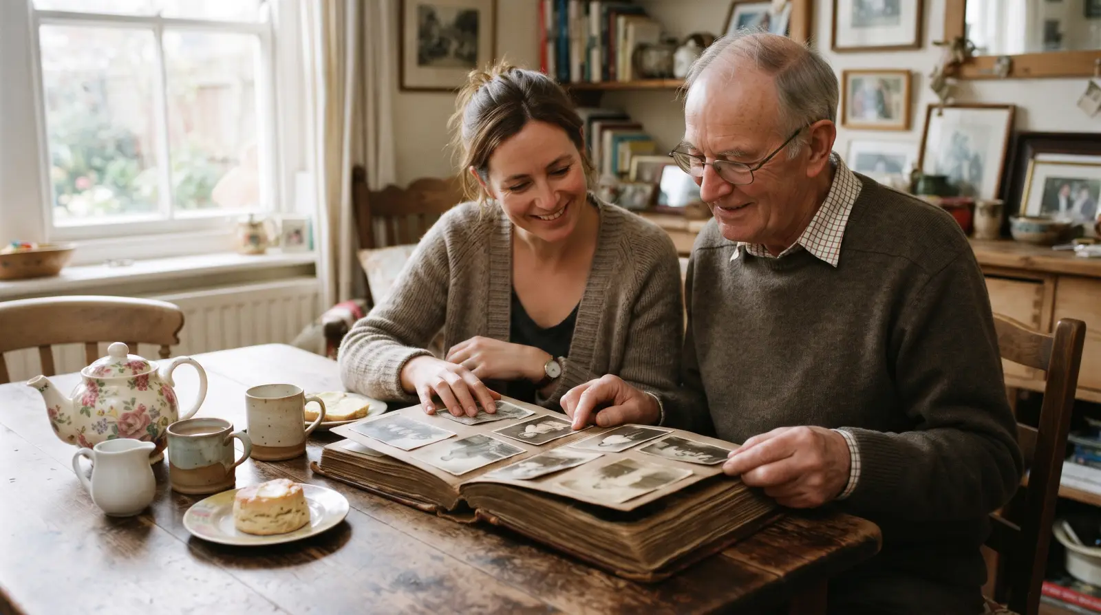 A man in his mid seventies and his daughter in her forties looking at an old photo album at a dining table
