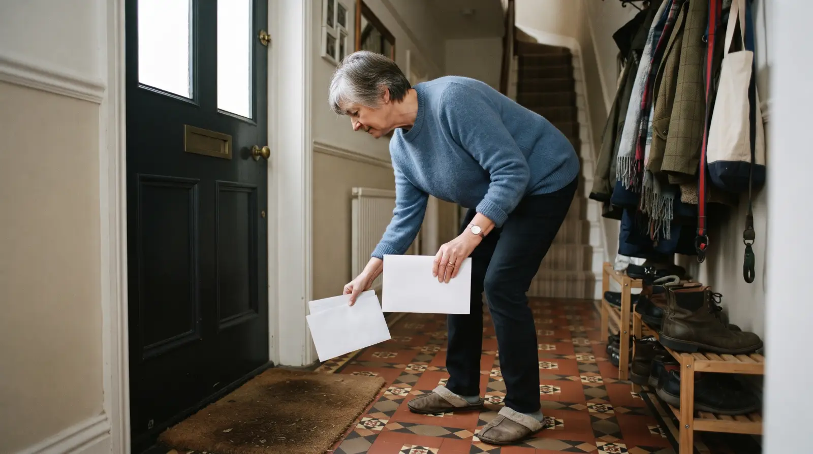 A woman in her early sixties picking up two plain envelopes from the doormat in the hallway of a terraced house