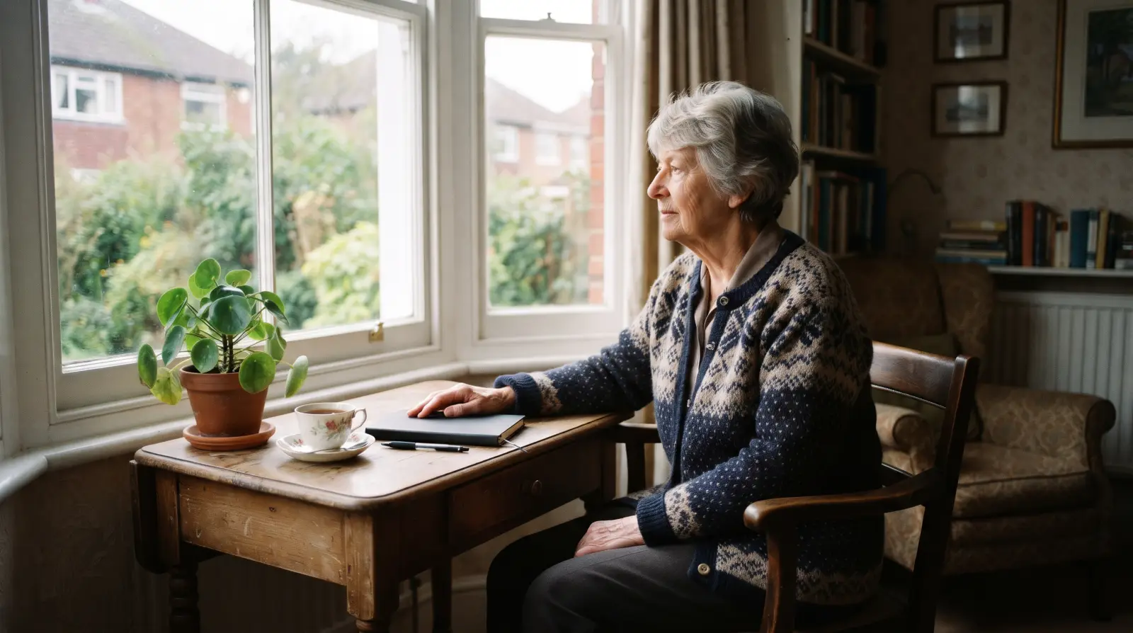 A woman in her early seventies at a writing desk by a sash window, a pen on a closed notebook, looking out thoughtfully