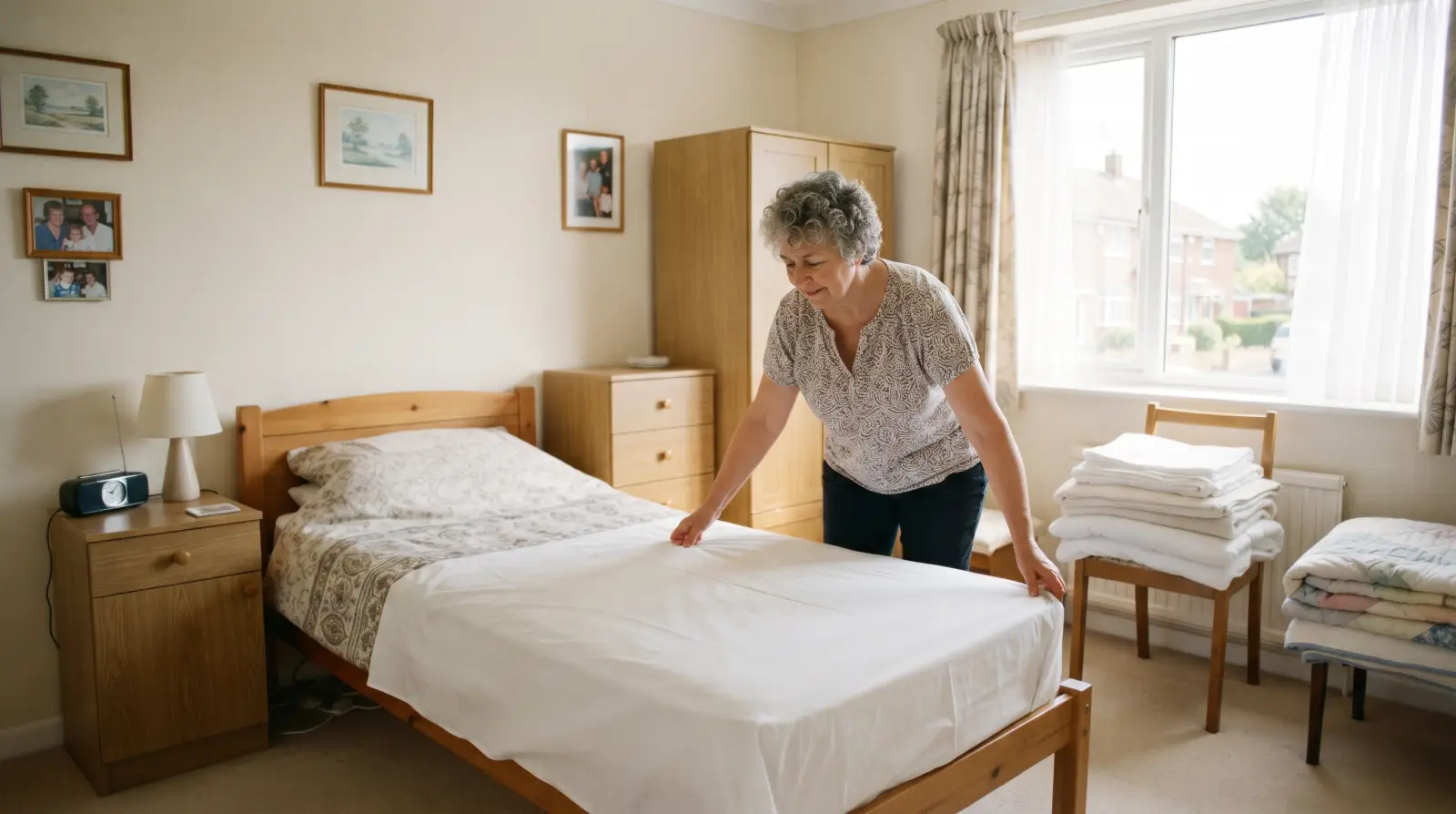 A woman in her late fifties making up a single bed with fresh white linen in a tidy spare bedroom