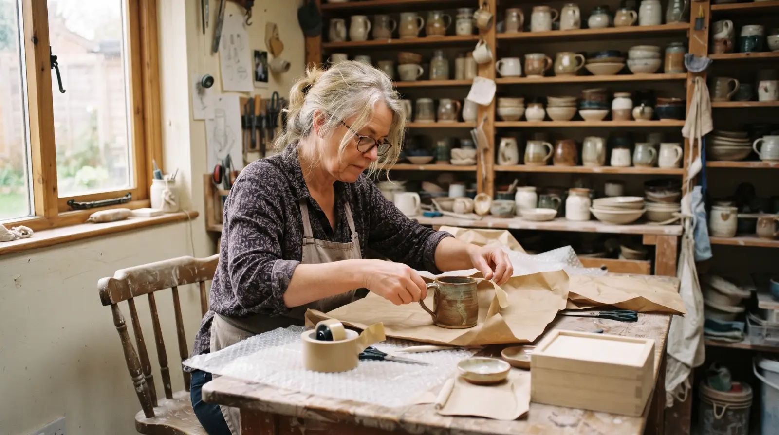A woman in her mid fifties wrapping a handmade ceramic mug in brown paper in a small home workshop