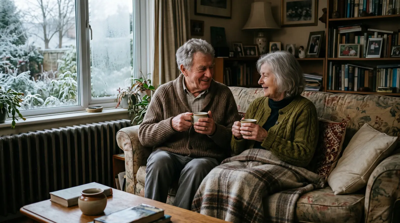 A couple in their early seventies in cardigans on a sofa with mugs of tea and a blanket, frost outside the window